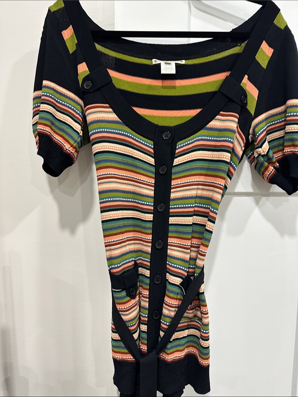 Nanette Lepore Black Striped Knit Button-Front Top with Green & Peach Accents